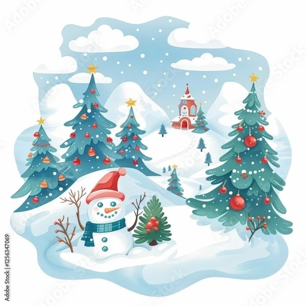 Fototapeta A snowman stands in front of a Christmas tree with a red hat on his head