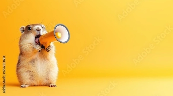 Fototapeta Groundhog screaming into megaphone symbolizes fun around Groundhog Day. Isolated on the solid bright yellow background for promotions and advertisement. Copy space.