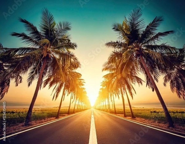 Fototapeta Smoothly moving infinite road with palm trees on both sides with a sunset sky in a bottom