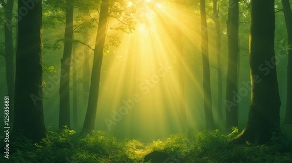 Fototapeta Sunlight Streaming Through Trees in Serene Forest Landscape
