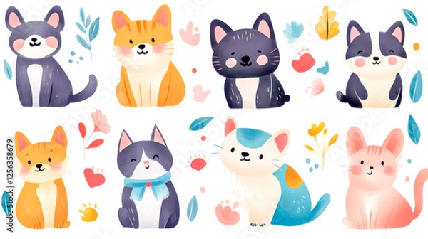 Fototapeta Adorable pets sticker set with playful puppies and kittens
