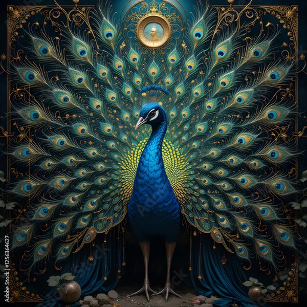 Fototapeta Majestic peacock with ornate tail feathers in regal setting art bird gold on transparent background