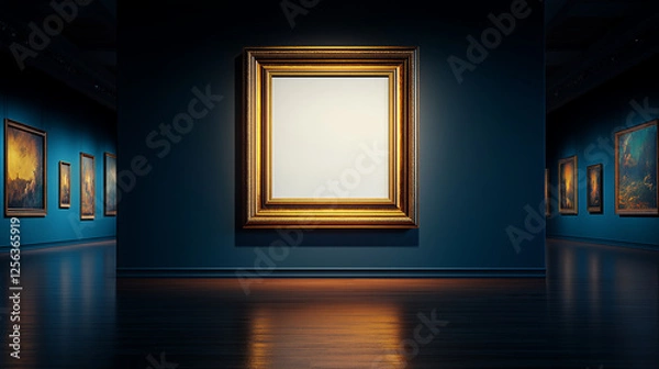 Fototapeta Luxurious golden frame with blank white canvas in elegant dark gallery setting symbolizing creativity, fine art, and sophisticated interior exhibition concept
