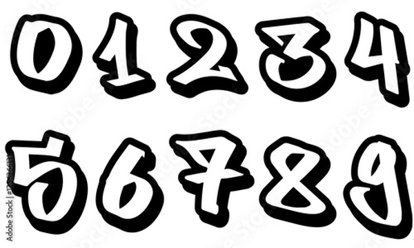 Fototapeta Graffiti numbers from 0 to 9, vector hand drawn white graffiti numbers set with black outline and black shadow