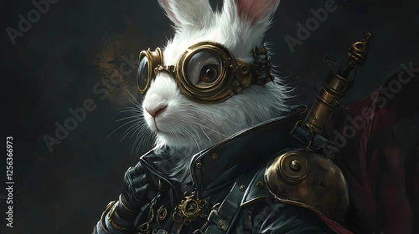 Fototapeta Majestic white lionhead rabbit adorned in steampunk leather armor and brass goggles illuminated by dramatic rim lighting against deep shadows ethereal atmosphere. Ethereal Armor. Illustration