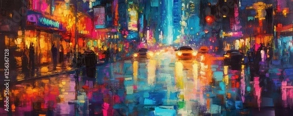 Fototapeta Vibrant cityscape at night with colorful neon lights and reflections