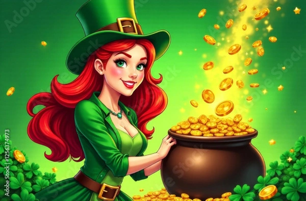 Fototapeta Beautiful leprechaun girl with pot full of gold coins. Saint Patricks Day.