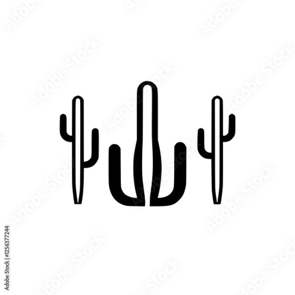 Fototapeta Desert Landscape: A minimalist black and white illustration of cactus trio in a simple, clean style.