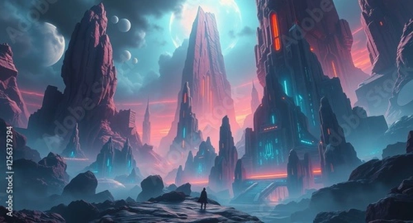 Fototapeta The end of the world in the style of science fiction, temple of destruction