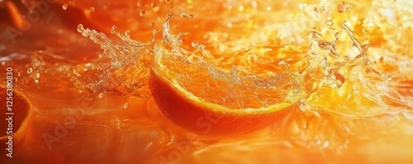 Fototapeta Vibrant splashing orange slice in refreshing citrus water
