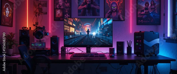 Fototapeta Wide gaming console table image with colorful neon busy room background and a game player in front of the pc computer screens with headphones and accessories around