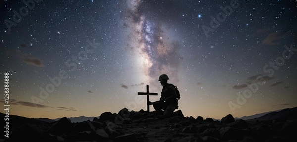 Obraz A soldier is seen kneeling beside a wooden cross in a serene landscape illuminated by a brilliant display of stars. The atmosphere conveys deep reflection and honor for fallen comrades
