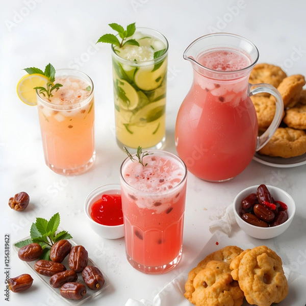 Fototapeta Refreshing summer drinks with dates and cookies tasty refreshing beverages on transparent background