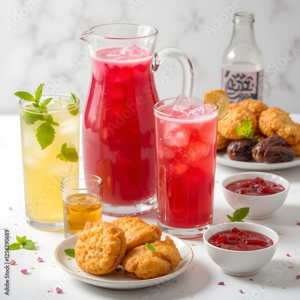 Fototapeta Refreshing red and yellow summer drinks with fried snacks ice cold food on transparent background