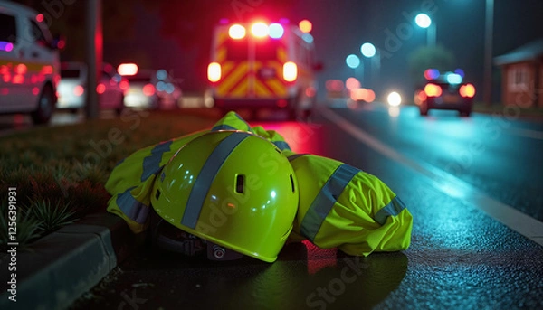 Fototapeta High-visibility vest and helmet at accident scene, emergency response