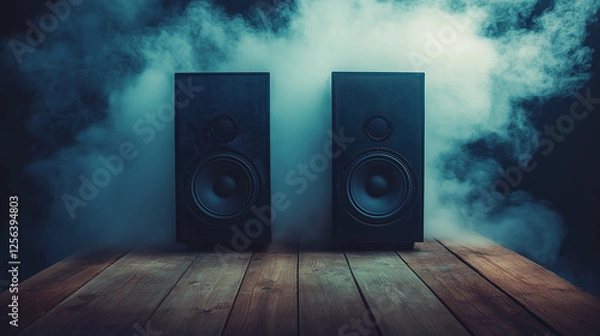 Fototapeta Two powerful black speakers on wooden table surrounded by smoke in moody lighting symbolizing music, sound quality, bass, audio system, DJ equipment, party, and concert atmosphere