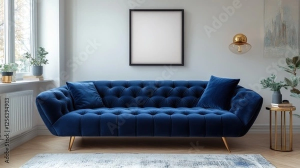 Fototapeta Elegant blue velvet sofa in a modern living room with natural light and minimalist decor