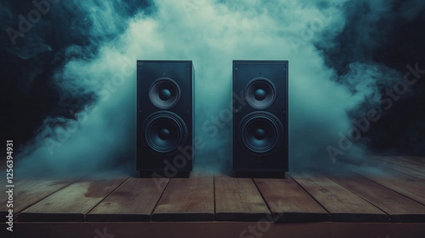 Fototapeta Two powerful black speakers on wooden table surrounded by smoke in moody lighting symbolizing music, sound quality, bass, audio system, DJ equipment, party, and concert atmosphere