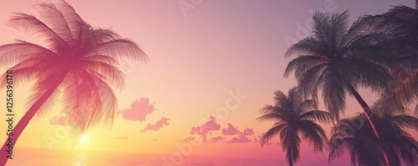 Fototapeta Serene sunset over ocean with silhouetted palm trees in vibrant pastel sky