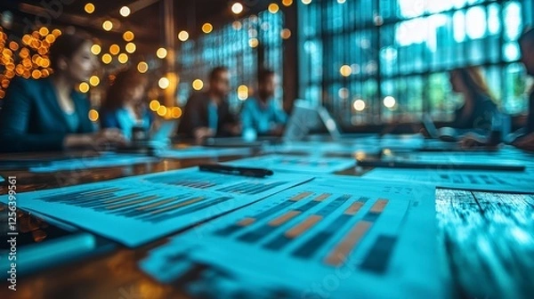 Fototapeta A blurred view of a team focused on data-driven discussions around a wooden table, layered with documents and analytics, emphasizes the importance of teamwork in decision making.