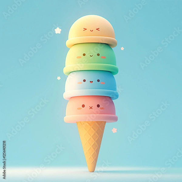 Fototapeta Ice cream with happy faces on blue background