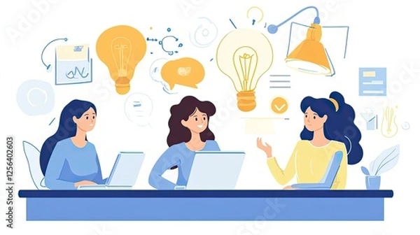 Fototapeta Businesswomen brainstorming creative ideas on a laptop, discussing strategies at a shared desk in an office