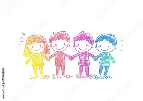 Fototapeta Cute stick figure of four children holding hands, in the style of clip art, simple line drawing, white background, rainbow colors, cartoon illustration style, cute doodle drawings Generative AI