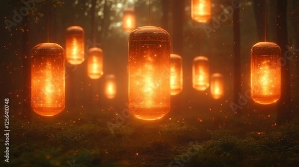 Fototapeta A forest scene with many glowing lanterns hanging from the trees