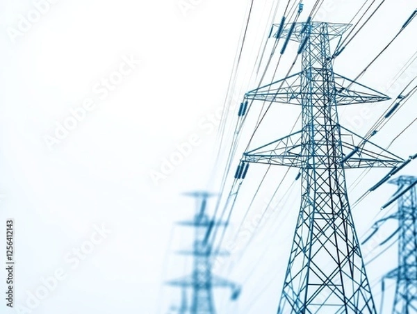 Fototapeta A close-up view of power lines and towers against a clear sky, symbolizing energy transmission and modernization.