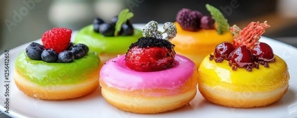 Fototapeta Colorful glazed donuts with fresh berries and decorative toppings on a white plate