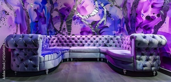 Fototapeta colorful multicolor interior rgb lights background with sofa set and glowing background with shinng wall n the background 