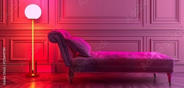 Fototapeta colorful multicolor interior rgb lights background with sofa set and glowing background with shinng wall n the background 