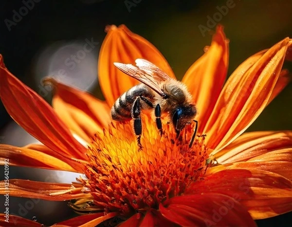 Fototapeta bright image of a bee on a wildflower, a bee collects pollen from a bright wildflower