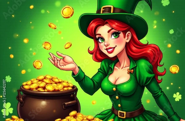 Fototapeta Young red-haired woman with a pot of gold and coins. St. Patrick's Day.