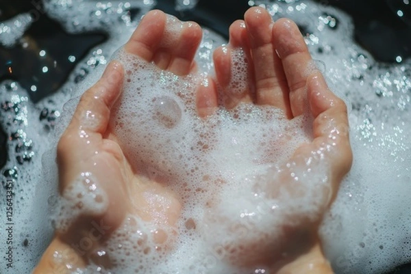 Fototapeta Hands filled with soap bubbles in clear water during a relaxing bath experience
