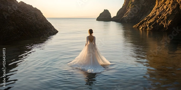 Fototapeta A serene coastal scene captures a woman in a flowing gown wading through tranquil waters, framed by rocky cliffs under a soft sunset glow, evoking peace.
