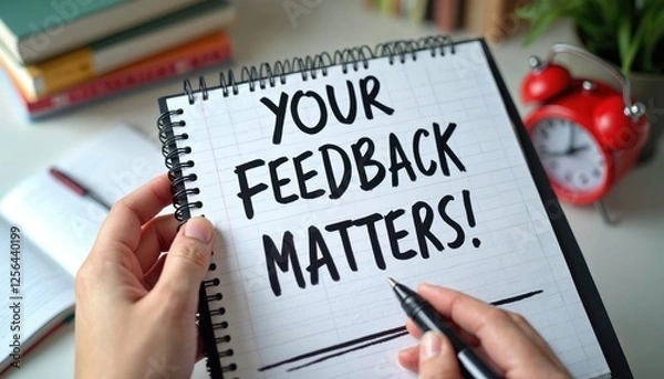 Obraz Top view of notebook with handwritten text Feedback matters. Hand holds pen over sheet. Importance of customer opinion, client satisfaction. Workplace desktop atmosphere shows books, plant, clock.