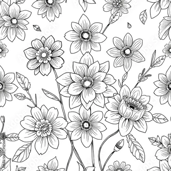 Fototapeta Bohemian Florals: Hand-Drawn Line Art on Vibrant Canvas