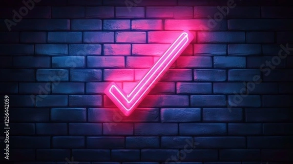 Fototapeta A neon light glow effect featuring a checkbox line icon. The glowing design represents approval, confirmation, or a completed action. Set against a brick wall background