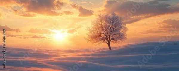 Fototapeta Serene winter sunset over snow-covered landscape with lone tree and golden sky