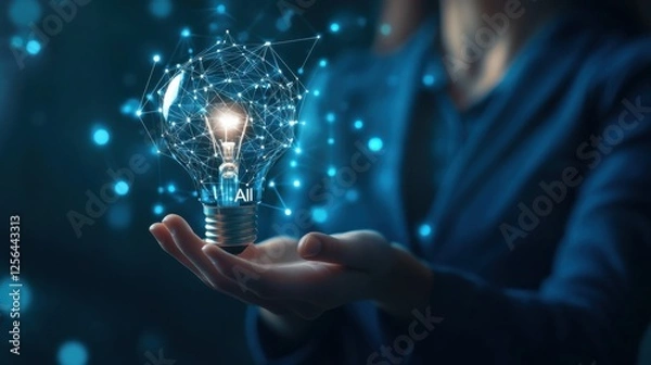 Fototapeta Businessman with illuminated AI lightbulb, representing the impact of AI on future tech