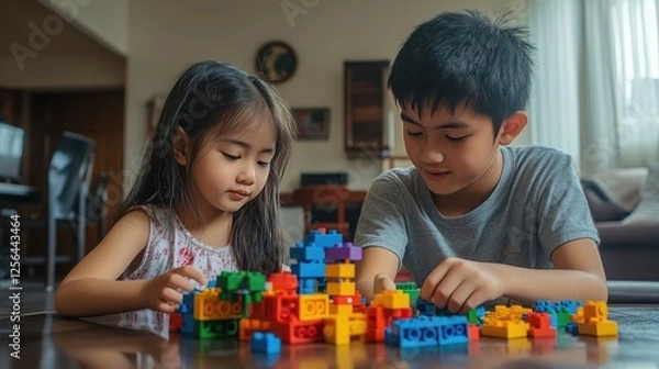Fototapeta Elder brother and younger sister playing with toy building blocks in the living room, enjoying creative games and sibling bonding