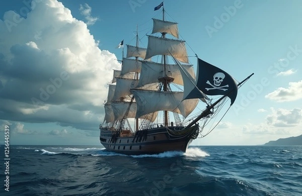 Obraz Pirate ship sails across blue sea, waves, displaying black skull flag. Ocean adventure, nautical theme. Vessel voyage, coastline, seascape view. Exploration, freedom concept. Historical fantasy,