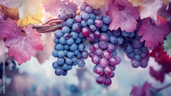 Fototapeta Grape clusters flourish on lush vines, their rich hues complementing the vibrant foliage around them, symbolizing fertility and spiritual abundance in the vineyard