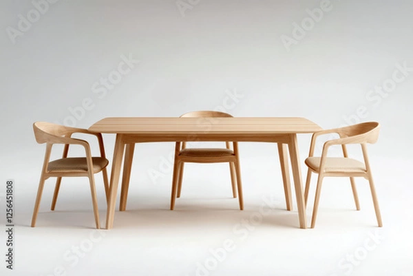 Fototapeta Elegant rectangular wooden table with minimalist chairs in a bright, modern interior setting