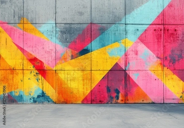 Obraz Abstract street wall art displaying a vibrant graffiti pattern with pink, yellow, red, orange, and blue colors on a concrete wall background with copy space image.