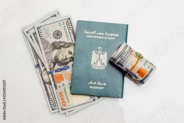 Fototapeta Egyptian Passport with Euro and US Dollars Banknotes, Migration Concept, on White Background