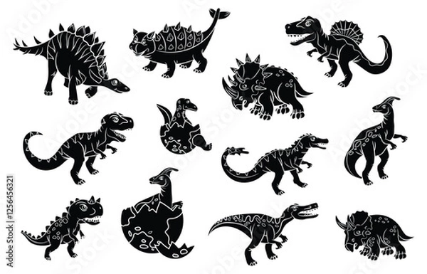 Obraz Set of different dinosaur silhouettes. Isolated flat vector template for laser cut illustrations