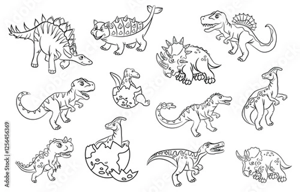 Obraz Set of different dinosaur outline doodle silhouettes. Isolated flat vector template for laser cut, coloring drawing books