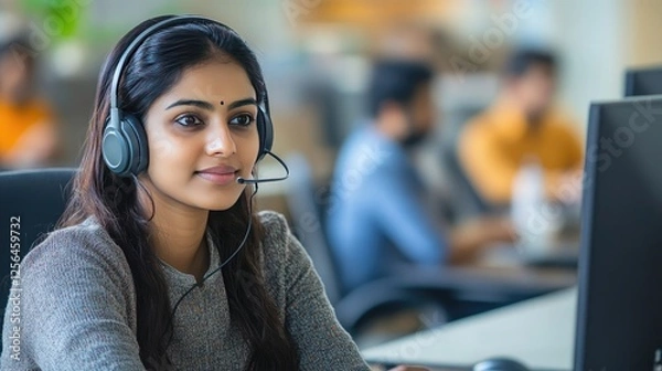 Fototapeta Indian professional using earphones during a team video call, collaborating with colleagues and brainstorming project ideas